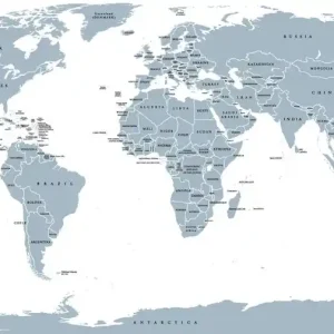 World political map Detailed map of the world with shorelines national borders and country names Robinson projection english labeling grey illustration on white background Nouvel Arrivage