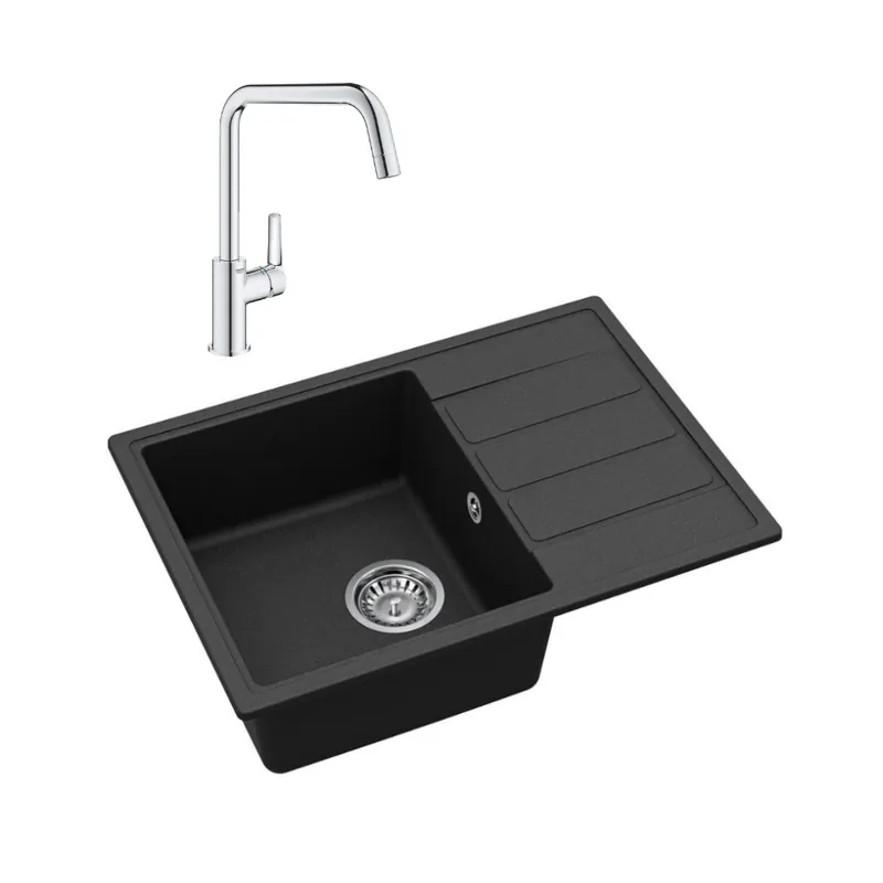 62x44 cm évier avec égouttoir réversible en Granite, à encastrer, noir + mitigeur lavabo/cuisine Grohe Start (SATSE2BG304) Retour Gratuit