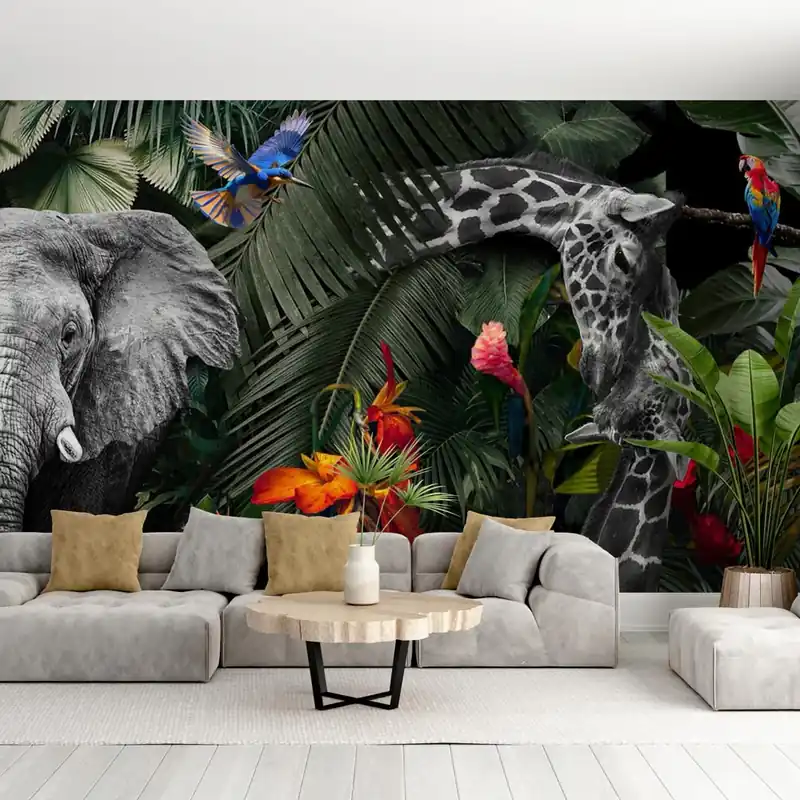 Papier peint jungle exotique Animaux noirs et blancs, feuillages et perroquets colorés Super Prix